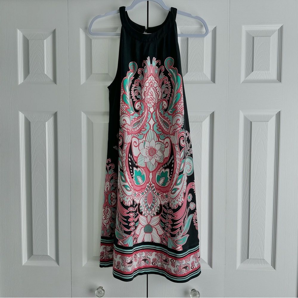 New York & Company Halter Dress Black Pink Paisley Floral Size Large